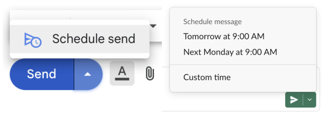 GUI fra Slack med alternativ for Schedule send