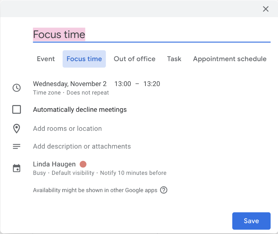 Focus time i Google Calendar