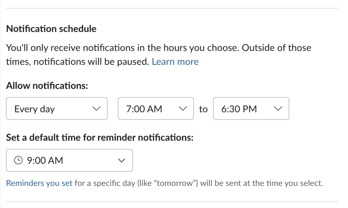 Slack GUI med Notification schedule