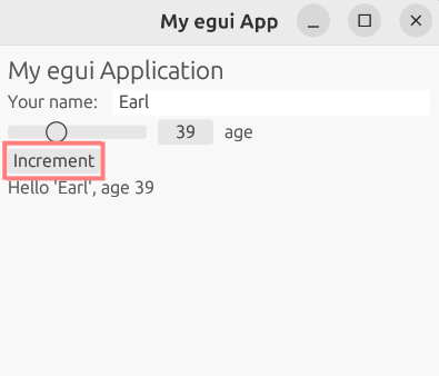 Skjermdump av eksempel-GUI med markering rundt en knapp med navn 'Increment'.