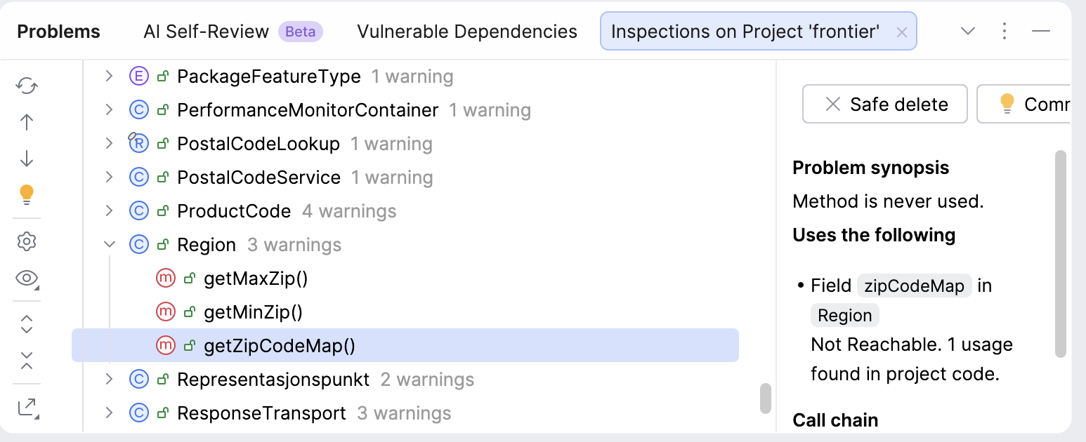 Skjermbilde som viser listet av død kode funnet av IDEA