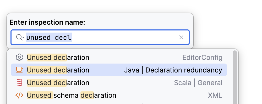 Skjermbilde som viser at IntelliJ kjører unused declarations for Java