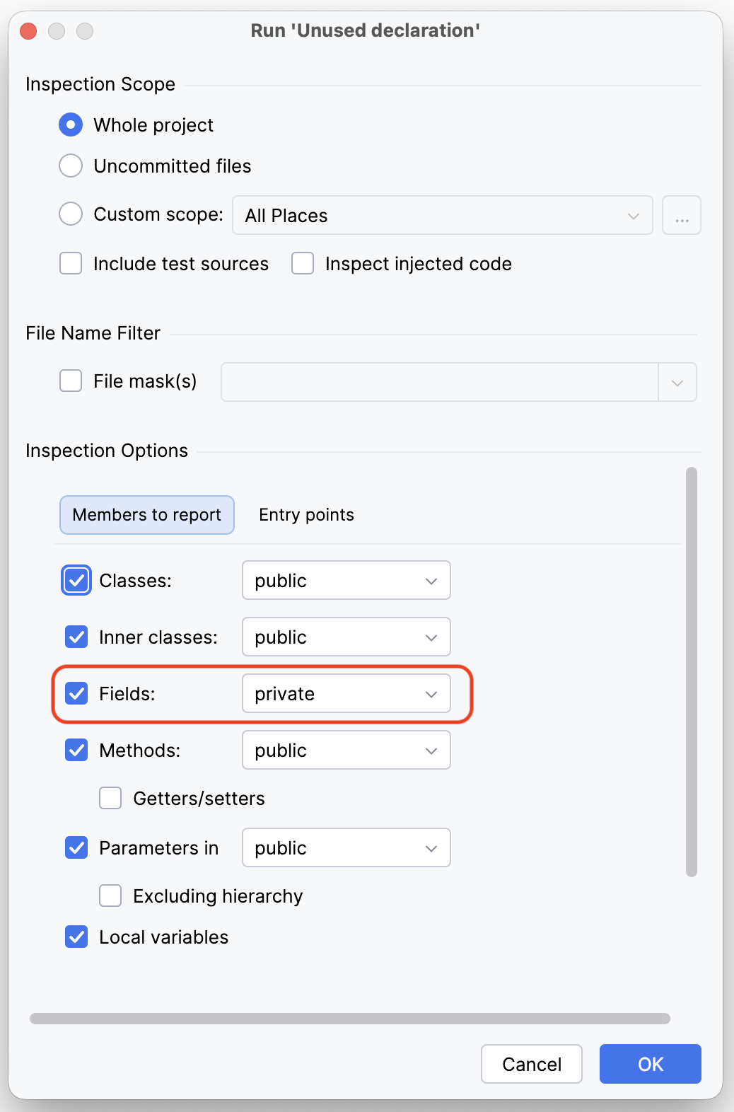 Skjermbilde som viser saklige innstillinger for unused declarations for Java