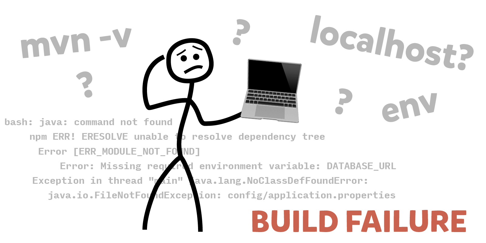 Illustrasjon med forvilet utvikler som ikke finner ut av hvorfor bygget feiler