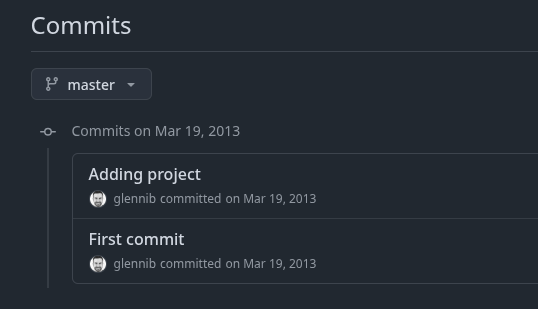 Skjermdump av en commit-historikk med to commits.